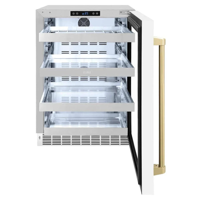 ZLINE 24" Touchstone 151 Can Beverage Fridge White Matte Glass Door Champagne Bronze Handle RBSOZ-WM-24-CB09K