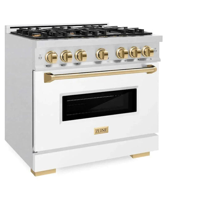 ZLINE 36"Classic Gas Range, Convection Gas Oven, DuraSnow® Stainless Steel, White Matte Door Polished Gold CGRSZ-WM-36-G09K