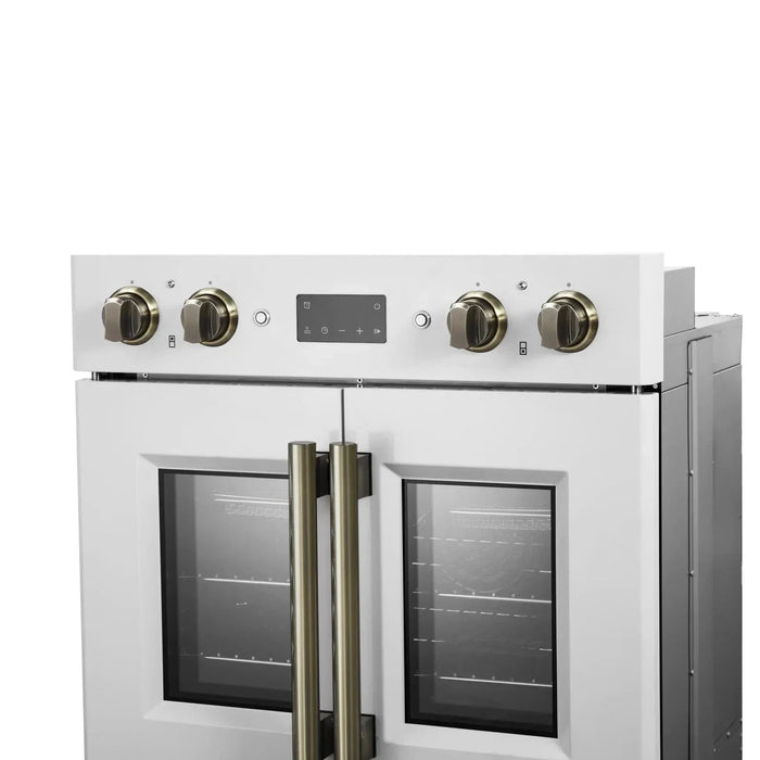 Forno Asti 30" Double Electric Wall Oven, Upper French Doors, White with Antique Brass Trim, FBOEL1340-30WHT09K
