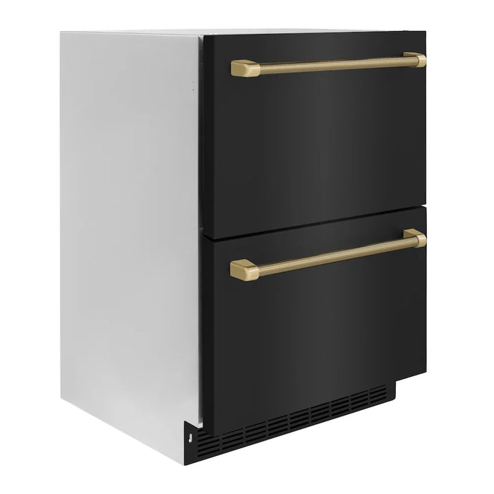 ZLINE Autograph Edition 24" Touchstone 168 Can Outdoor-Rated Dual Refrigerator Drawer, Black Stainless Steel Doors, Helix Handles RDSOZ-BS-24-KCB09K