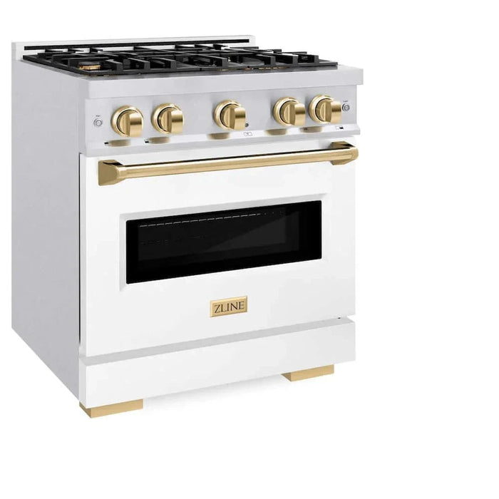 ZLINE 30" Dual Fuel Range, Gas Cooktop, Electric Convection Oven DuraSnow® Stainless Steel, White Matte Door, Gold CDRSZ-WM-30-G09K