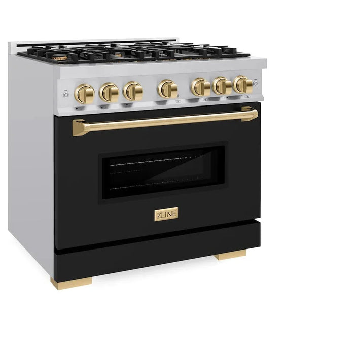 ZLINE 36" Classic Gas Range, Convection Gas Oven Stainless Steel, Black Matte Door Polished Gold CGRZ-BLM-36-G09K