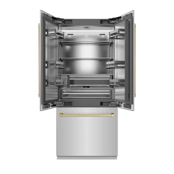 ZLINE 36" French Door Built-In Bottom Freezer Refrigerator, Water Dispenser, Ice Maker, Satin Stainless Steel, Accents SRBIVZ-SN-36-CB09K