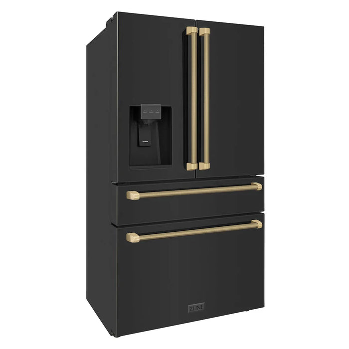 ZLINE Autograph Edition 36" Counter-Depth French Door Refrigerator, Water, Ice Dispenser, Fingerprint-Resistant Black Stainless Steel, Helix Handles RFMZ-W36-BS-KCB09K