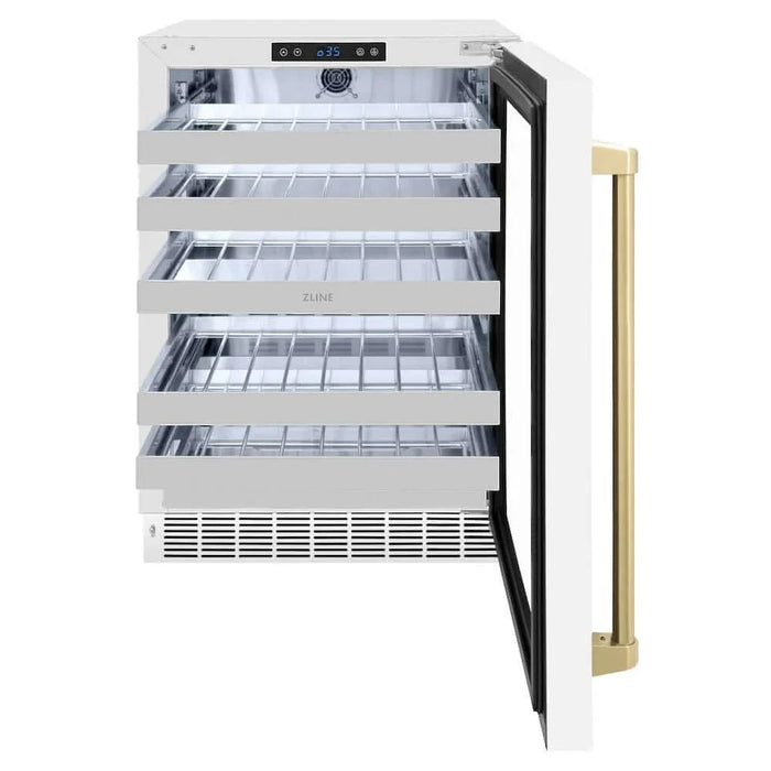 ZLINE 24" Touchstone Dual Zone 44 Bottle Wine Cooler White Matte Glass Door Champagne Bronze Handle RWDOZ-WM-24-CB09K