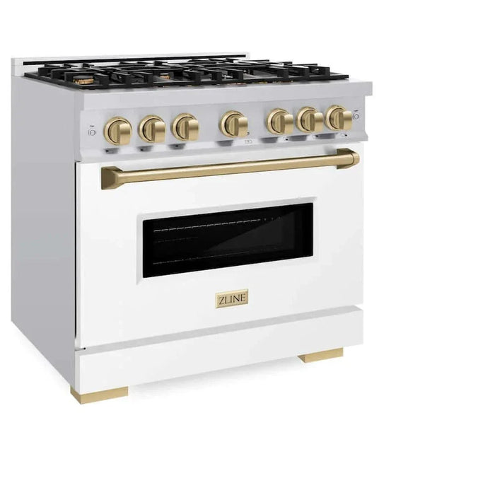 ZLINE 36" Dual Fuel Range, Gas Cooktop, Electric Convection Oven Stainless Steel, Matte White Door Champagne Bronze CDRZ-WM-36-CB09K