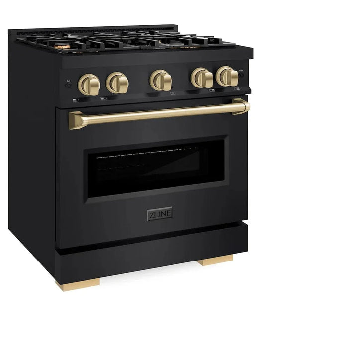 ZLINE 30" Dual Fuel Range, Gas Cooktop, Electric Convection Oven Black Stainless Steel, Champagne Bronze CDRBZ-30-CB09K