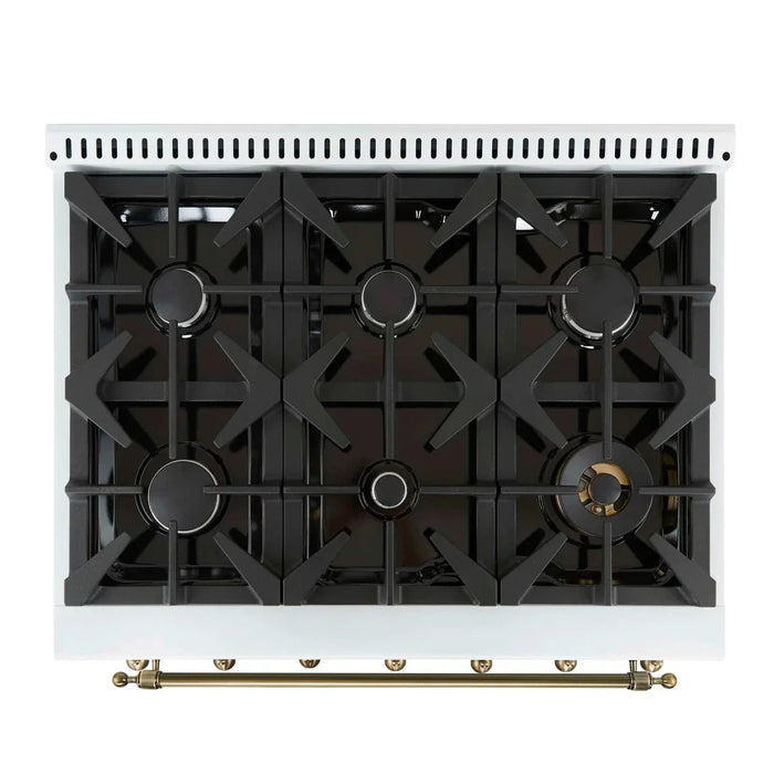 Forno Antico 36" Dual Fuel Range White and Antique Brass Design 6 Sealed Gas Burners Electric Convection Oven , FFSGS6113-36WHT09K