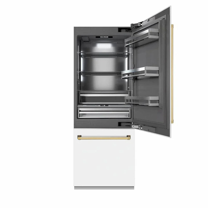 ZLINE 30" Built-In Bottom Freezer Refrigerator with Water Dispenser, Ice Maker, White Matte, Graphite Gray Interior, Polished Gold GRBIVZ-WM-30-G09K