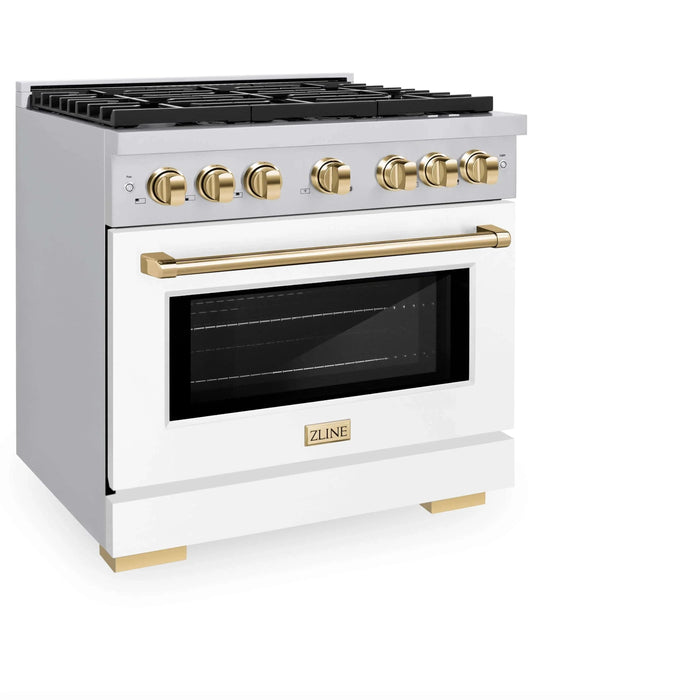 ZLINE 36"Paramount Dual Fuel Range White Matte Gold SDRZ-WM-36-G09K