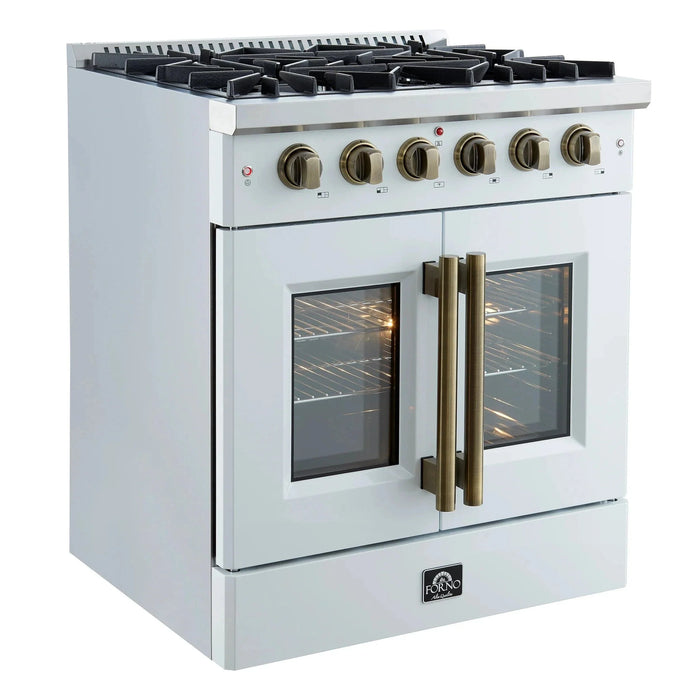 Forno Galiano 30" French Door Gas on Gas Range White Antique Brass Trim FFSGS6444-30WHT09K