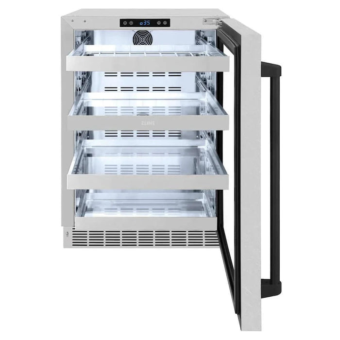 ZLINE 24" Touchstone 151 Can Beverage Fridge DuraSnow® Stainless Steel Glass Door Matte Black Handle RBSOZ-SN-24-MB09K