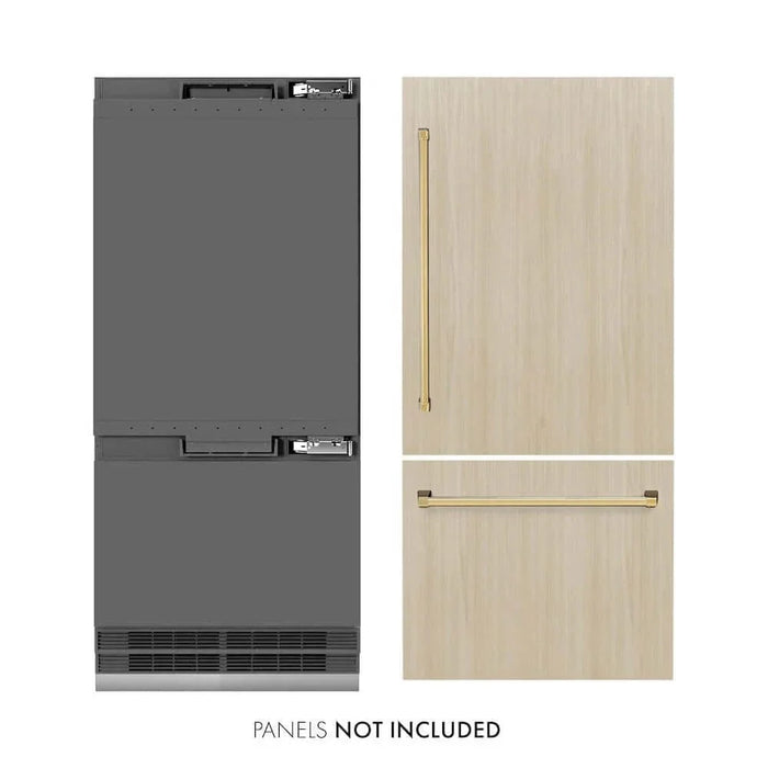 ZLINE 36" Panel Ready Built-In Bottom Freezer Refrigerator,Water Dispenser, Ice Maker,Graphite Gray Polished Gold GRBITZ-36-G09K