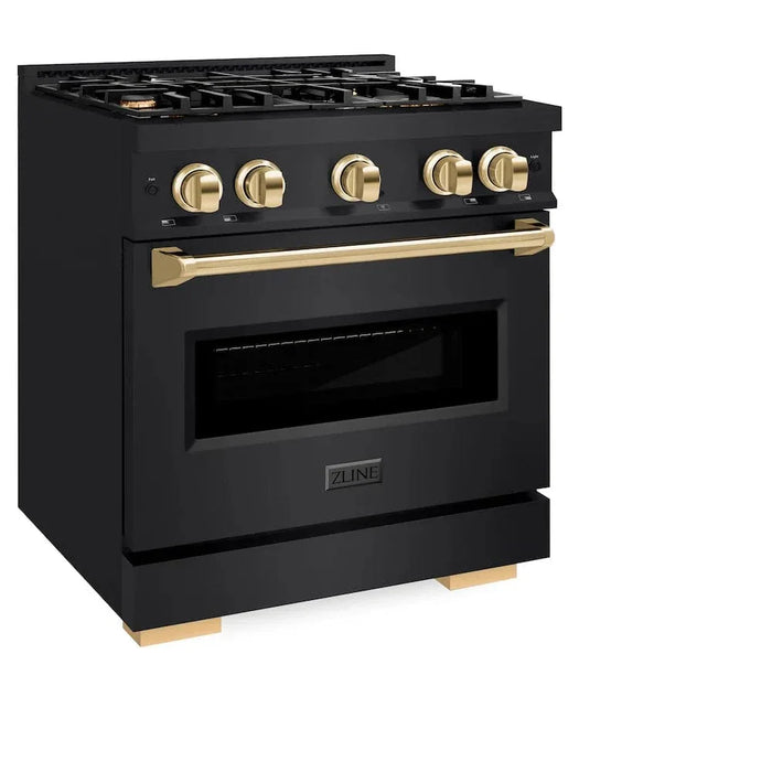 ZLINE 30" Dual Fuel Range, Gas Cooktop, Electric Convection Oven Black Stainless Steel, Gold CDRBZ-30-G09K