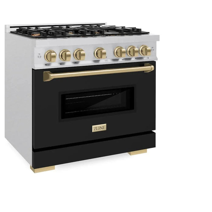 ZLINE 36" Dual Fuel Range, Gas Cooktop, Electric Convection Oven DuraSnow®Stainless Steel, Black Matte Door Champagne Bronze CDRSZ-BLM-36-CB09K