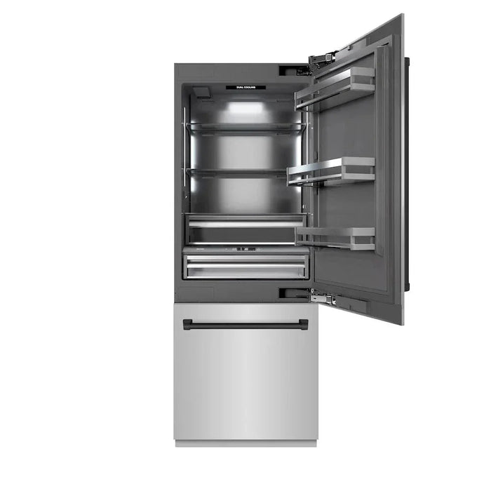 ZLINE 30" Built-In Bottom Freezer Refrigerator with Water Dispenser, Ice Maker, Stainless Steel, Graphite Gray Interior, Matte Black GRBIVZ-304-30MB09K