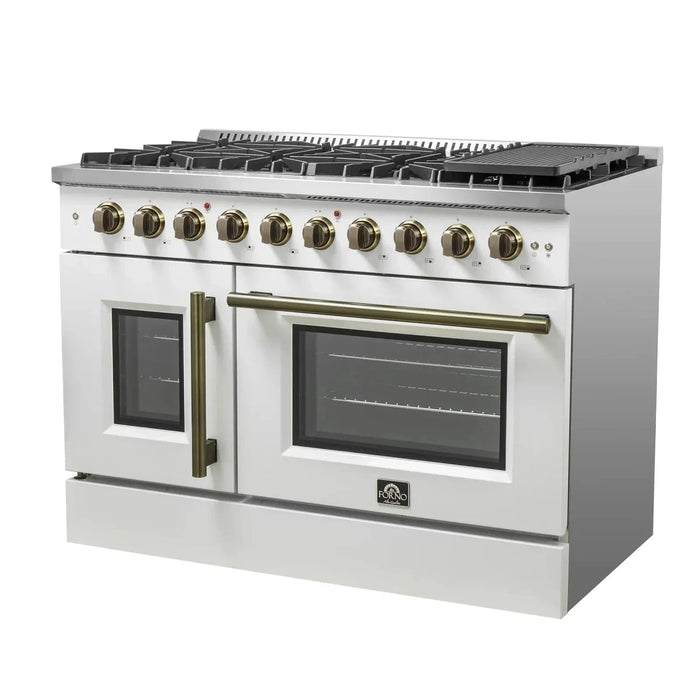 Forno Galiano 48"French Door Freestanding All Gas Range, White with Antique Brass Trim, FFSGS6444-48WHT09K