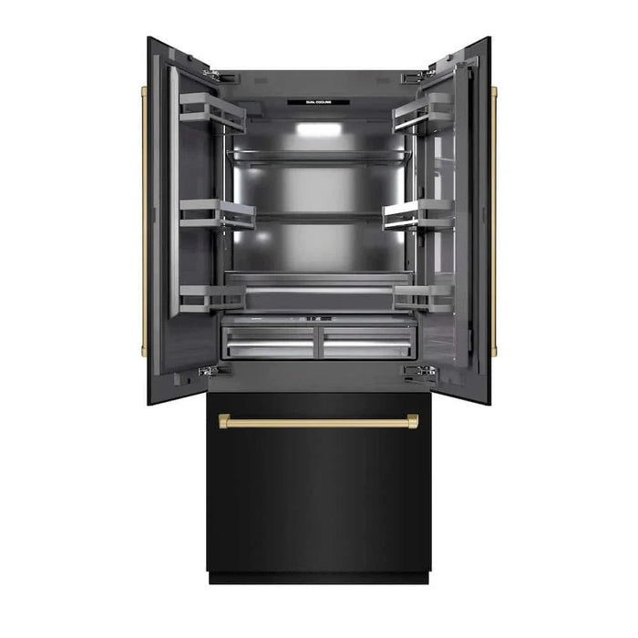 ZLINE 36" Built-In Bottom Freezer Refrigerator with Water Dispenser, Ice Maker, Black Stainless Steel, Graphite Gray Interior, Champagne Bronze GRBIVZ-BS-36-CB09K