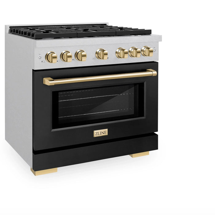 ZLINE 36"Paramount Dual Fuel Range DuraSnow® Black Matte, Gold SDRSZ-BLM-36-G09K