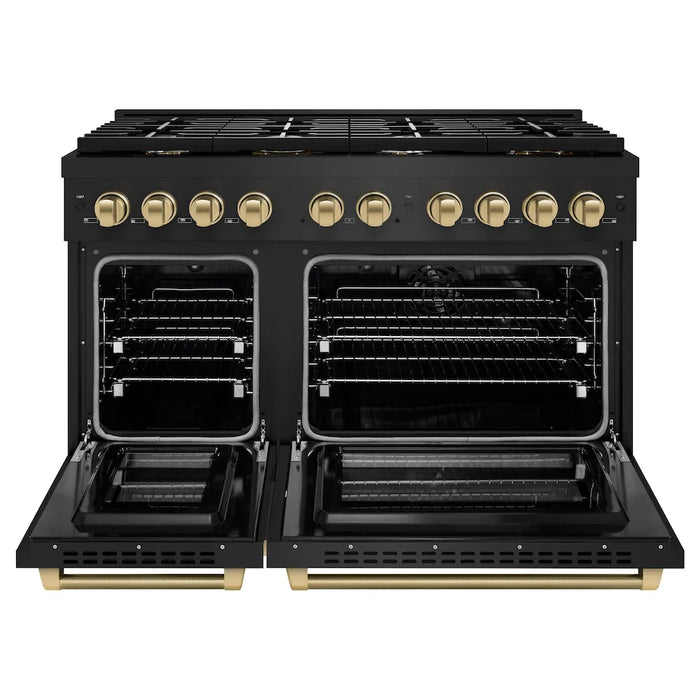 ZLINE Autograph Edition 48" Paramount Dual Fuel Range, 6 Burner Gas Cooktop, Electric Convection Oven, Black Stainless Steel, Helix Handle and Knob SDRBZ-48-KCB09K