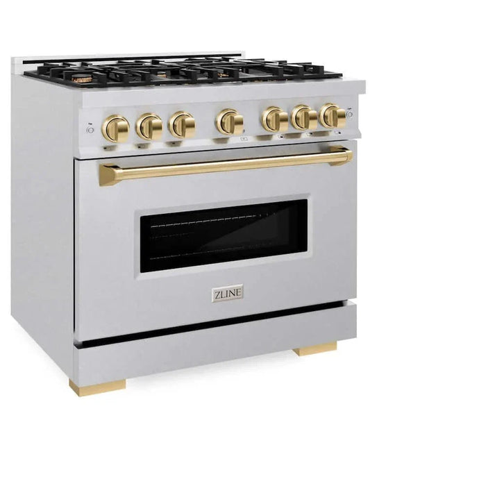 ZLINE 36" Dual Fuel Range, Gas Cooktop, Electric Convection Oven DuraSnow® Stainless Steel, Gold CDRSZ-36-G09K
