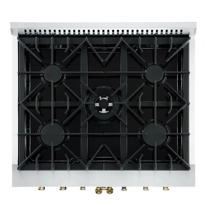 Forno Galiano 30"French Door Dual Fuel Range 5 Gas Burners, Electric Convection Oven Black, Antique Brass Trim, FFSGS6356-30BLK09K