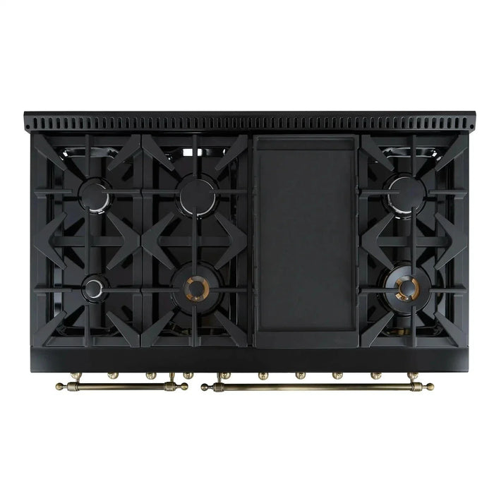 Forno Antico 48"Gas Range 8 Gas Burner Cooktop, Gas Convection Oven Black, Antique Brass Trim, FFSGS6219-48BLK09K