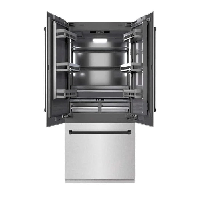 ZLINE 36" Built-In Bottom Freezer Refrigerator with Water Dispenser, Ice Maker, DuraSnow® Stainless Steel, Graphite Gray Interior, Matte Black GRBIVZ-SN-36-MB09K