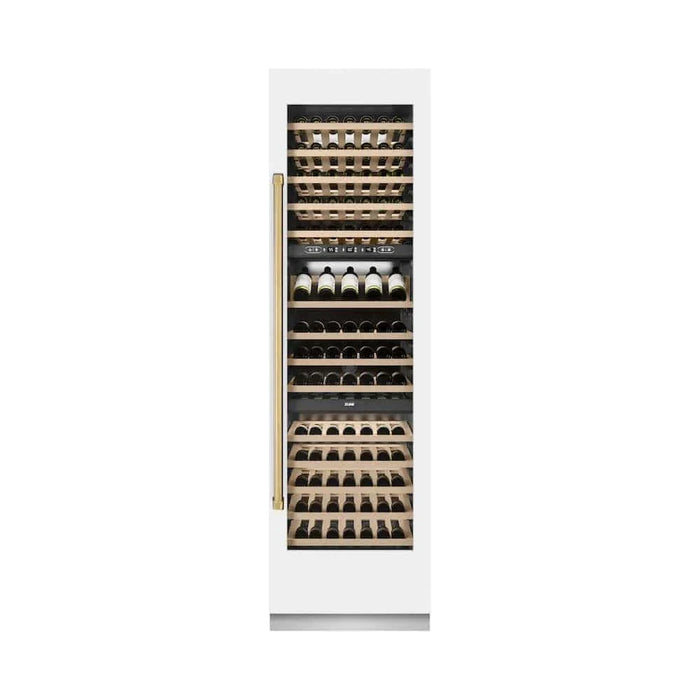 ZLINE 24"Triple Zone 100 Bottle Column Wine Cooler, White Matte Stainless Steel Polished Gold RCWVZ-WM-24-G09K