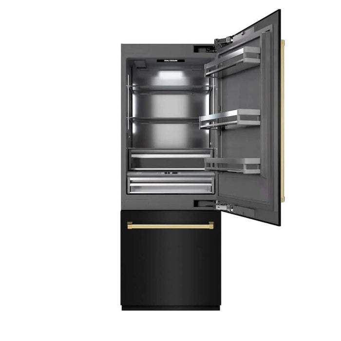 ZLINE 30" Built-In Bottom Freezer Refrigerator with Water Dispenser, Ice Maker, Black Stainless Steel, Graphite Gray Interior, Polished Gold GRBIVZ-BS-30-G09K