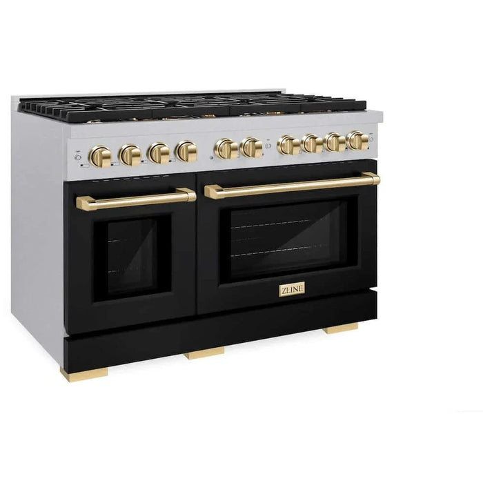 ZLINE 48"Gas Range, Convection Gas Oven, DuraSnow® Black Matte, Gold SGRSZ-BLM-48-G09K
