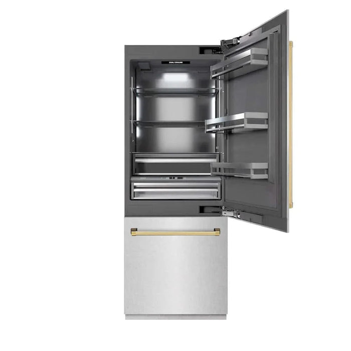 ZLINE 30" Built-In Bottom Freezer Refrigerator with Water Dispenser, Ice Maker, DuraSnow® Stainless Steel, Graphite Gray Interior, Polished Gold GRBIVZ-SN-30-G09K