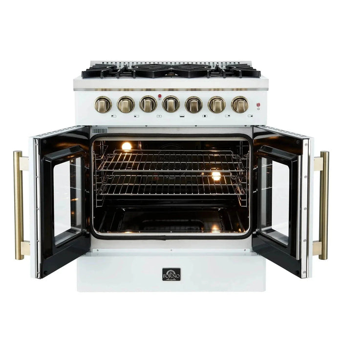 Forno Galiano 30"French Door Dual Fuel Range 5 Gas Burners, Electric Convection Oven White, Antique Brass Trim, FFSGS6356-30WHT09K