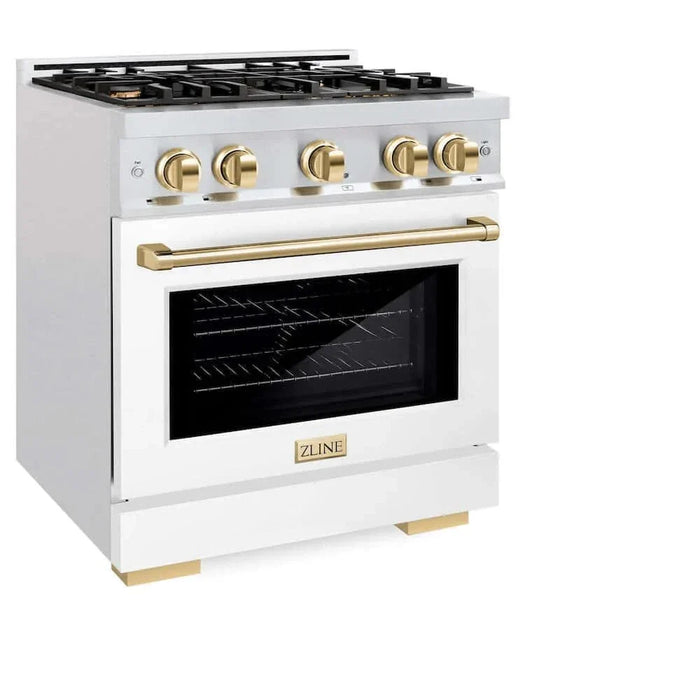 ZLINE 30" Select Dual Fuel Range Gas Cooktop Electric Convection Oven DuraSnow® Stainless Steel White Matte Door Polished Gold HDRSZ-WM-30-G09K