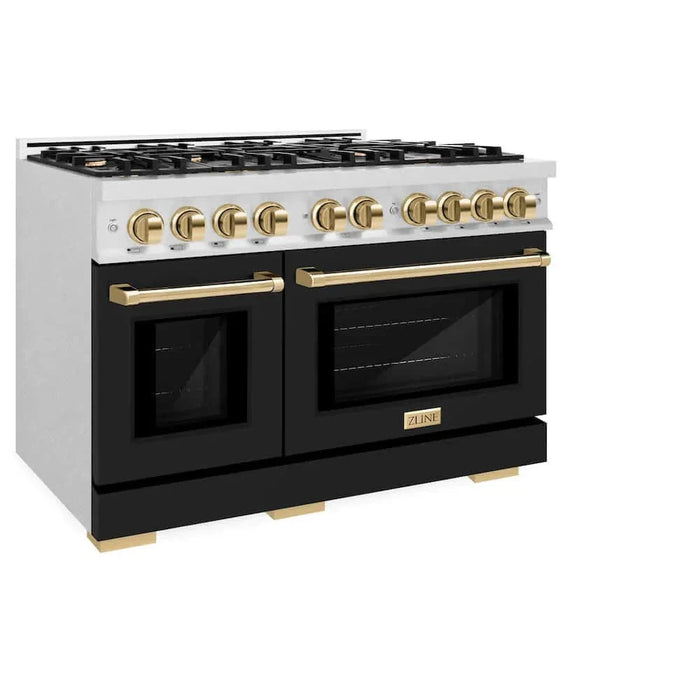 ZLINE 48" Select Gas Range  Convection Gas Oven DuraSnow® Stainless Steel Black Matte Door Gold HGRSZ-BLM-48-G09K