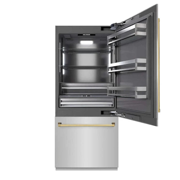 ZLINE 36" Built-In Bottom Freezer Refrigerator,Water Dispenser, Ice Maker,Graphite Gray Polished Gold GRBITZ-304-36G09K