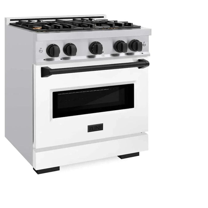 ZLINE 30" Classic Gas Range, Convection Gas Oven Stainless Steel, White Matte Door Matte Black CGRZ-WM-30-MB09K