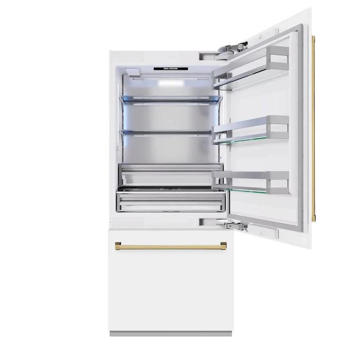 ZLINE 36" Built-In Bottom Freezer Refrigerator,Water Dispenser, Ice Maker, White Matte Polished Gold RBITZ-WM-36-G09K