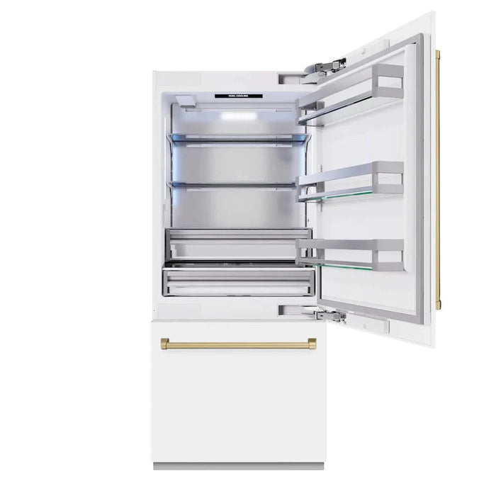 ZLINE 36" Built-In Bottom Freezer Refrigerator,Water Dispenser, Ice Maker, White Matte Champagne Bronze RBITZ-WM-36-CB09K