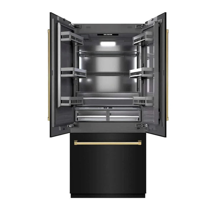 ZLINE 36" Built-In Bottom Freezer Refrigerator with Water Dispenser, Ice Maker, Black Stainless Steel, Graphite Gray Interior, Polished Gold GRBIVZ-BS-36-G09K
