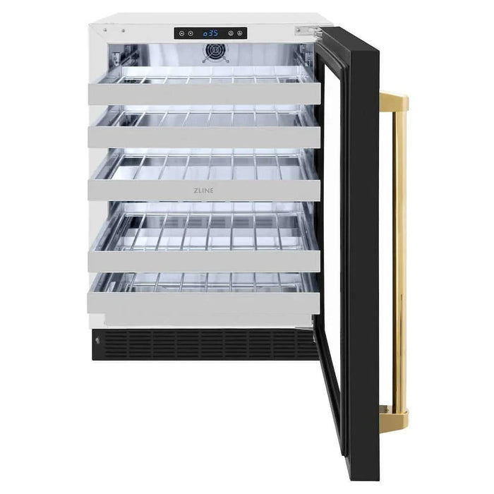 ZLINE 24" Touchstone Dual Zone 44 Bottle Wine Cooler Black Matte Glass Door Polished Gold Handle RWDOZ-BLM-24-G09K