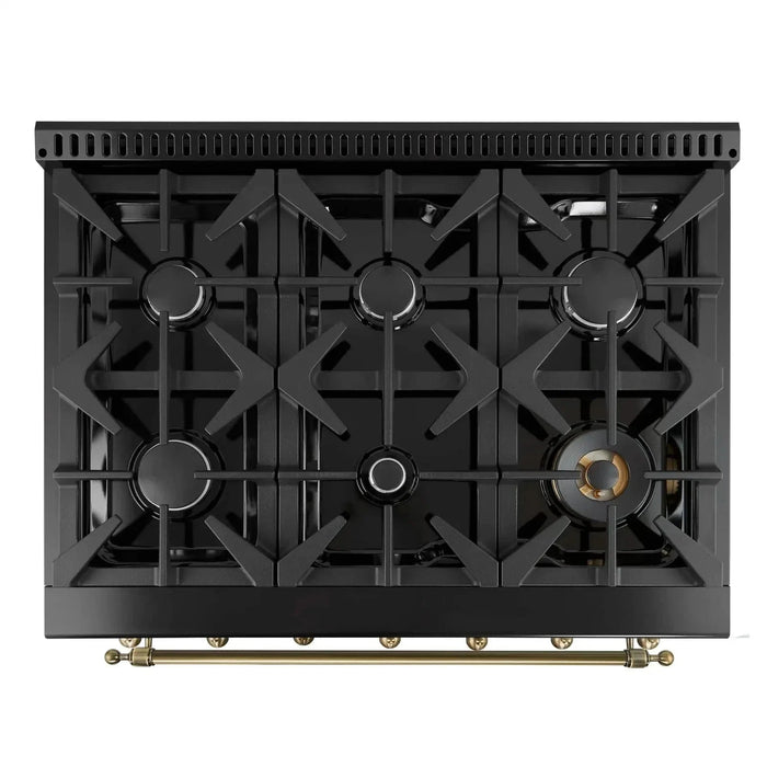 Forno Antico 36" Dual Fuel Range 6 Gas Burner Cooktop Electric Convection Oven Black Antique Brass Trim, FFSGS6113-36BLK09K