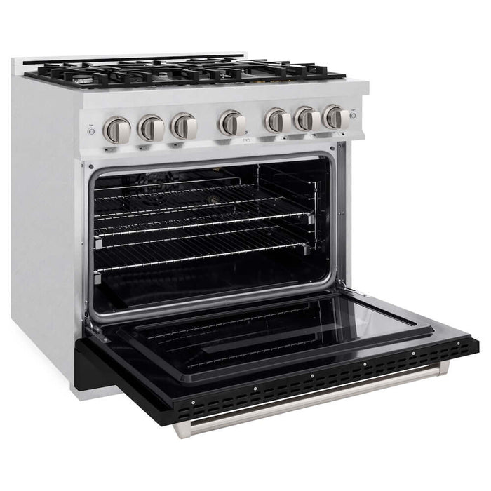 ZLINE 36" Classic Gas Range, Convection Gas Oven DuraSnow® Stainless Steel, Black Matte Door CGRS-BLM-3609K