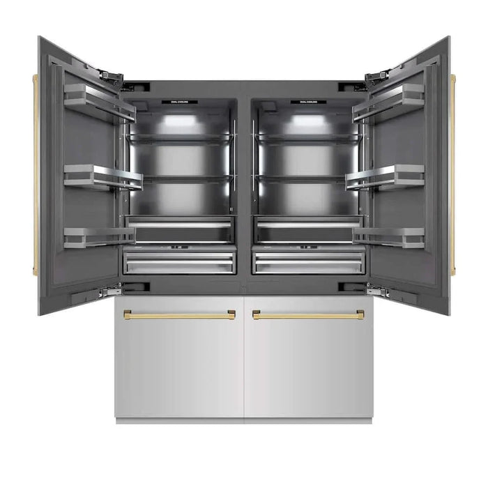 ZLINE 60" Built-In Bottom Freezer Refrigerator with Water Dispenser, Ice Maker, Stainless Steel, Graphite Gray Interior, Polished Gold GRBIVZ-304-60G09K