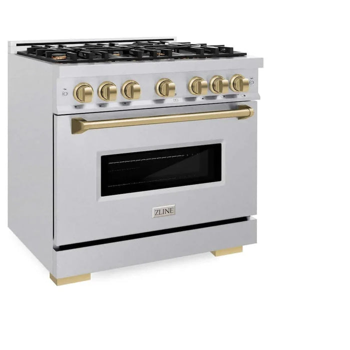 ZLINE 36" Dual Fuel Range, Gas Cooktop, Electric Convection Oven DuraSnow® Stainless Steel, Champagne Bronze CDRSZ-36-CB09K