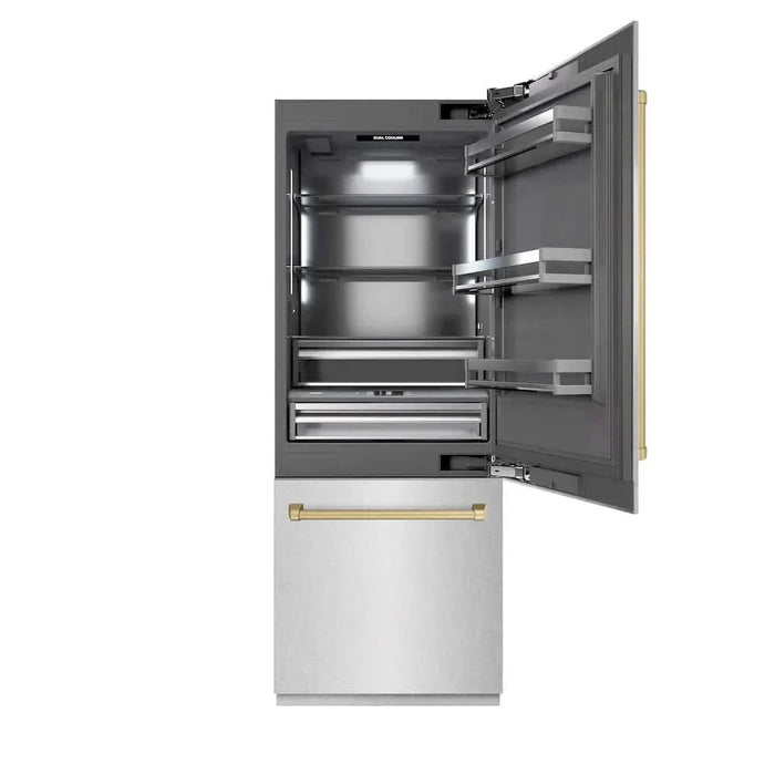 ZLINE 30" Built-In Bottom Freezer Refrigerator with Water Dispenser, Ice Maker, DuraSnow® Stainless Steel, Graphite Gray Interior, Champagne Bronze GRBIVZ-SN-30-CB09K