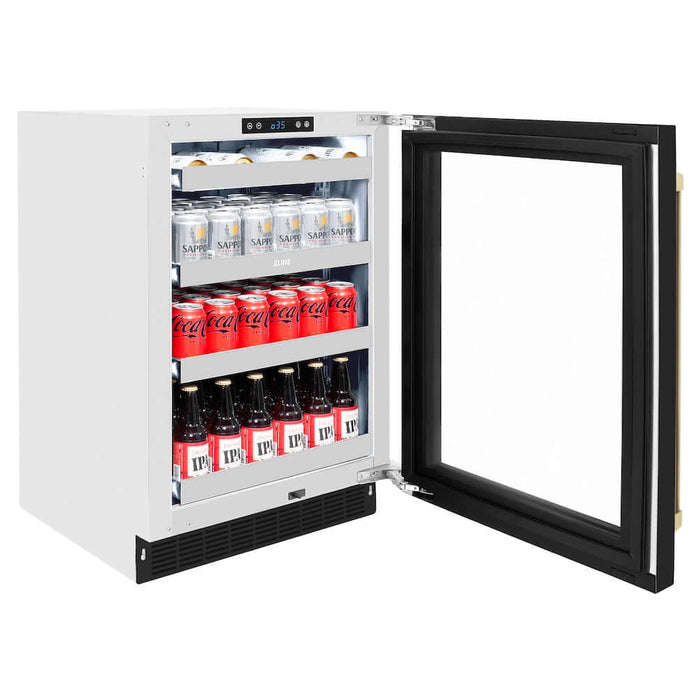 ZLINE 24" Touchstone 151 Can Beverage Fridge Black Matte Glass Door Champagne Bronze Handle RBSOZ-BLM-24-CB09K