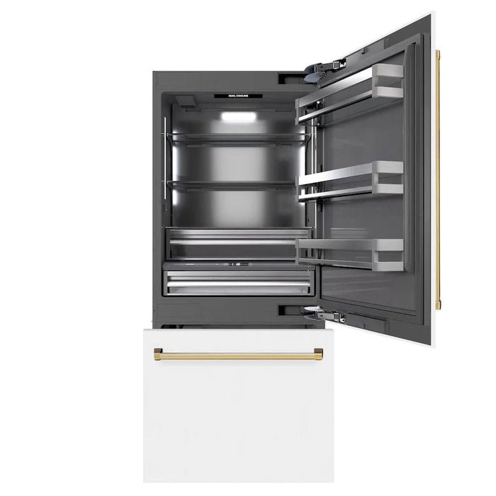 ZLINE 36" Built-In Bottom Freezer Refrigerator,Water Dispenser, Ice Maker, White Matte Graphite Gray Polished Gold GRBITZ-WM-36-G09K