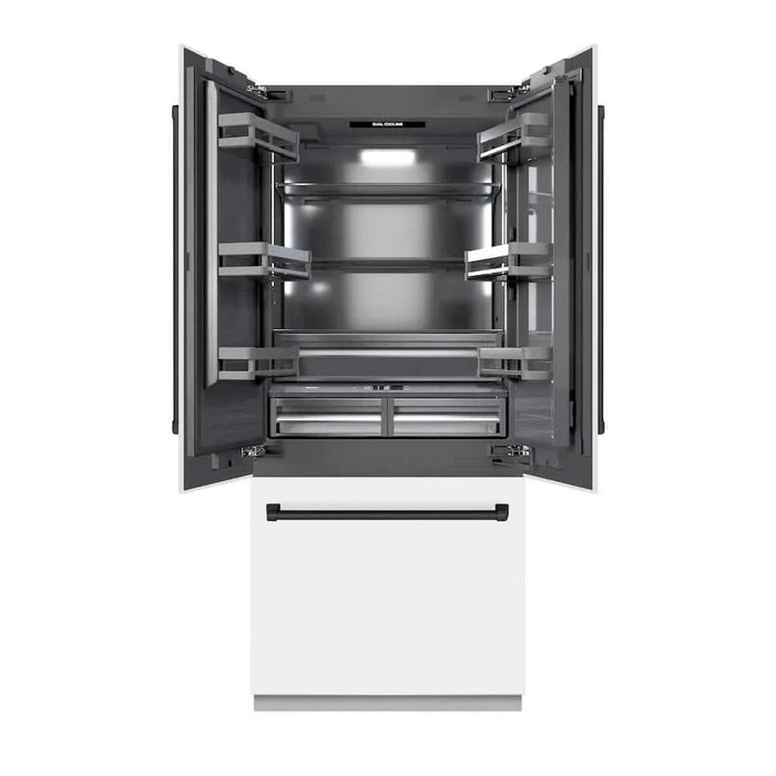 ZLINE 36" Built-In Bottom Freezer Refrigerator with Water Dispenser, Ice Maker, White Matte, Graphite Gray Interior, Matte Black GRBIVZ-WM-36-MB09K