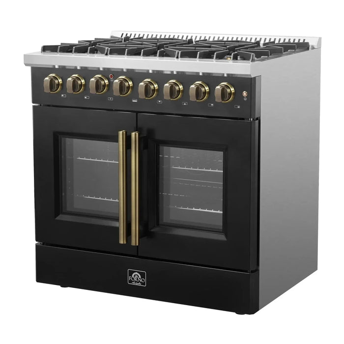 Forno Galiano 36"French DoorDual Fuel Range, Gas Stove, Electric Oven Black, Antique Brass Trim, FFSGS6356-36BLK09K